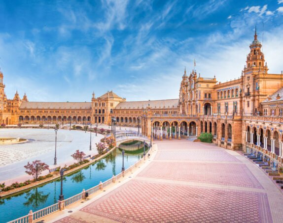 Spain, Seville. Spain Square, a landmark example of the Renaissance Revival style in Spanish architecture