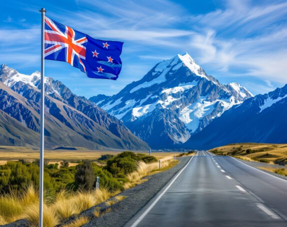 A flag of New Zealand is flying on a pole next to a road. The flag is blue and white, and the road is empty. The scene is peaceful and serene, with the flag and mountains in the background