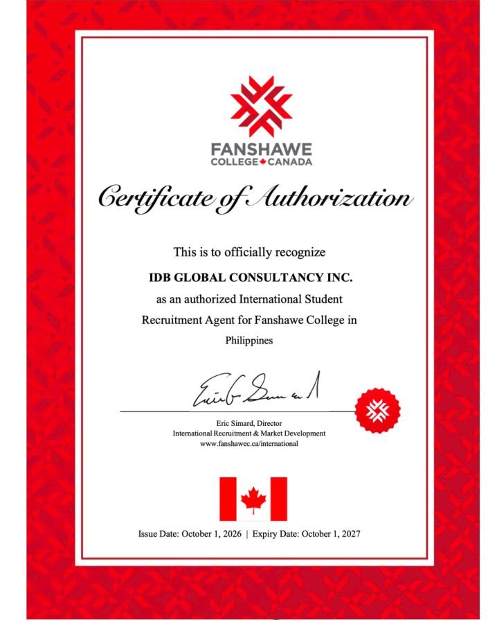 Certificate supplied for Fanshawe College