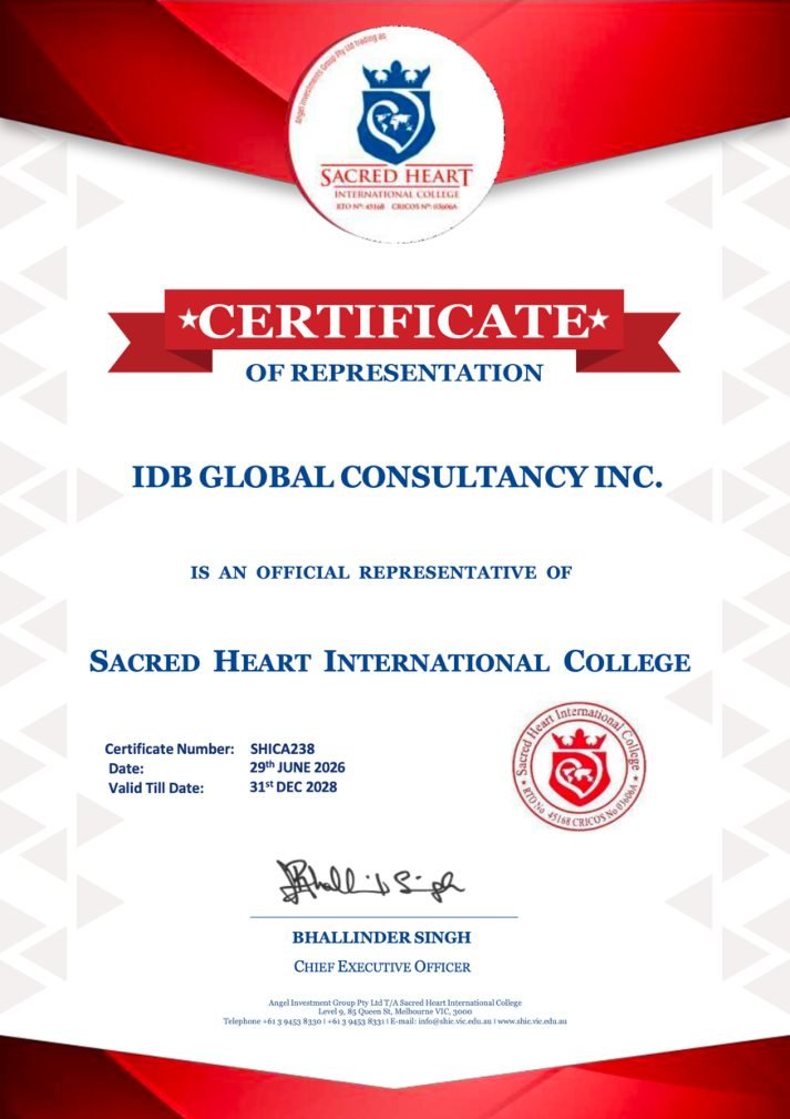 Certificate supplied for Sacred Heart International College
