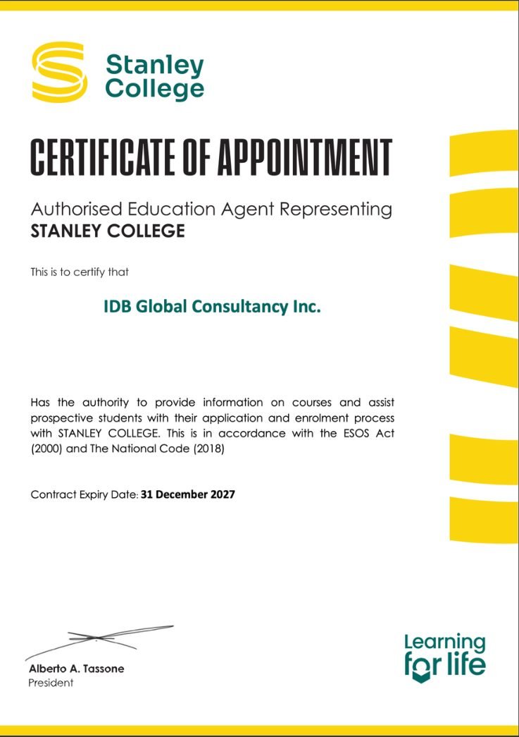 Certificate supplied for Stanley College