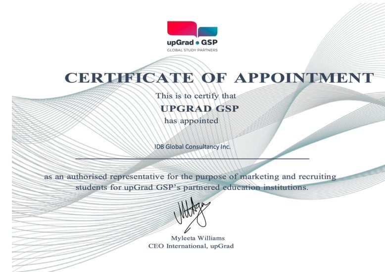 Certificate supplied for upGrad GSP